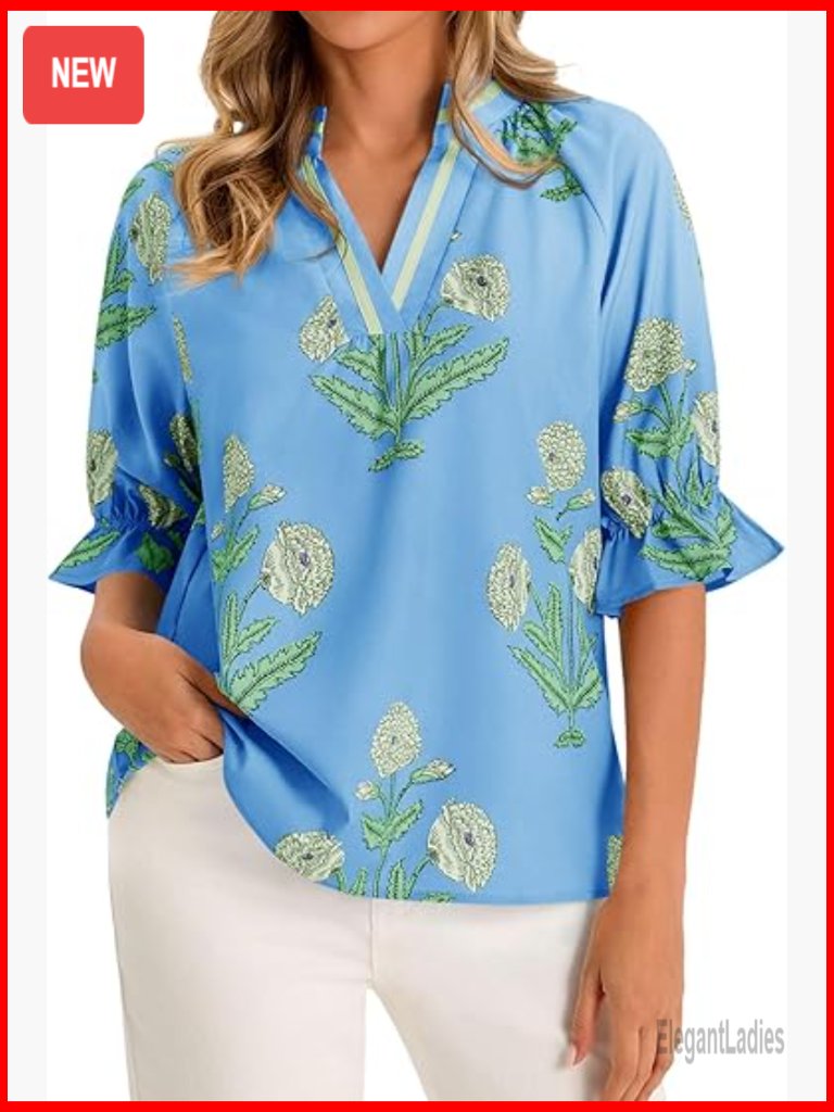 Women's Floral Blouse Puff Ruffle Sleeve V Neck Boho Shirt Dressy Casual Flow